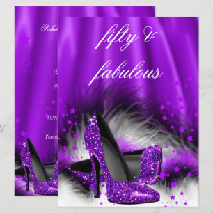 Fabulous 50 Purple Stars High Heels Birthday Party Invitation