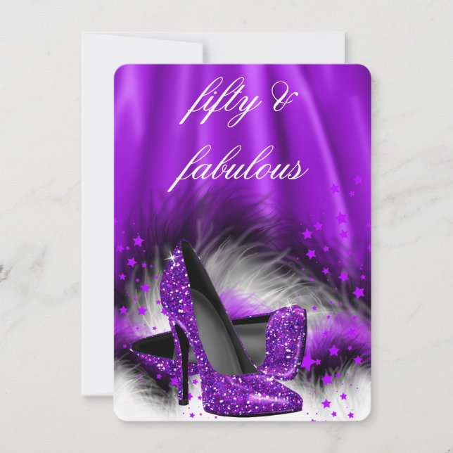 Fabulous 50 Purple Stars High Heels Birthday Party Invitation (Front)