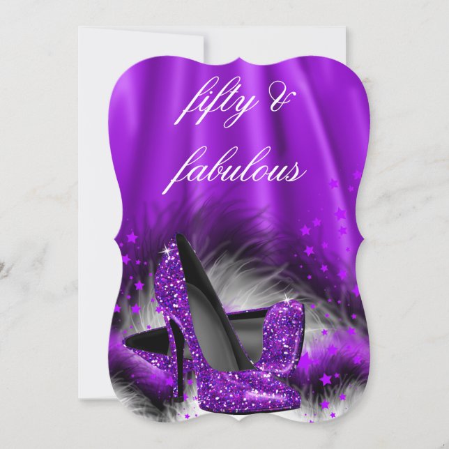 Fabulous 50 Purple Stars High Heels Birthday Party Invitation (Front)
