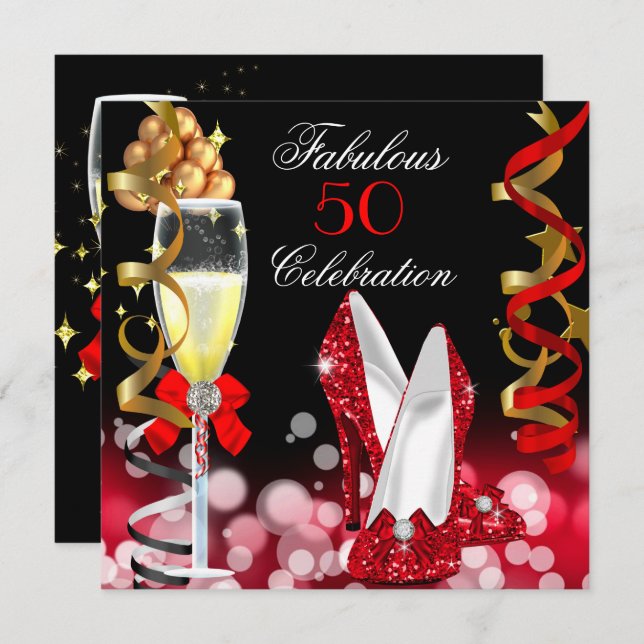 Fabulous 50 Red Black Gold Bubbles Party Invitation (Front/Back)