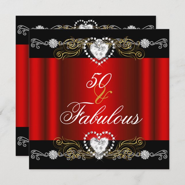 Fabulous 50 Red Black Silver Gold 50th Birthday Invitation (Front/Back)