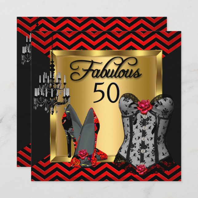 Fabulous 50 Red Black Stripe Heels Flirty Party Invitation (Front/Back)