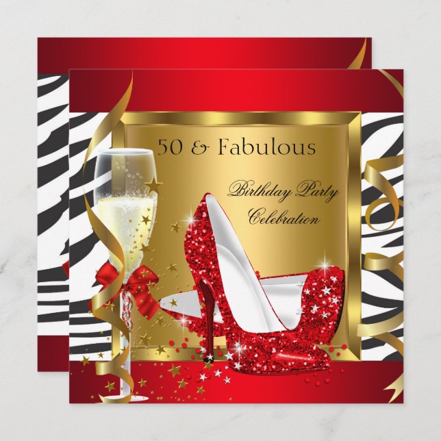 Fabulous 50 Red Glitter High Heel Zebra Champagne Invitation (Front/Back)