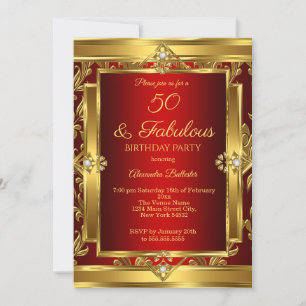 Fabulous 50 Red Gold Damask Birthday Party Invitation