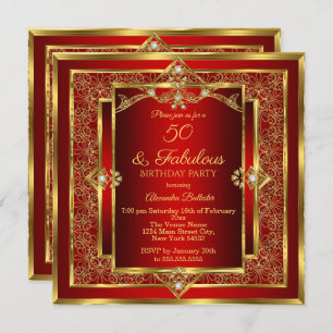 Fabulous 50 Red Gold Floral Birthday Party Invitation