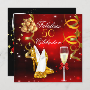 Fabulous 50 Red Gold High Heel Champagne Party 2 Invitation