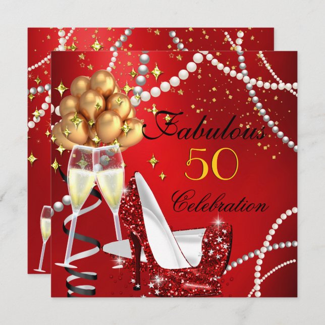 Fabulous 50 Red Heels Champagne Birthday Party 2 Invitation (Front/Back)