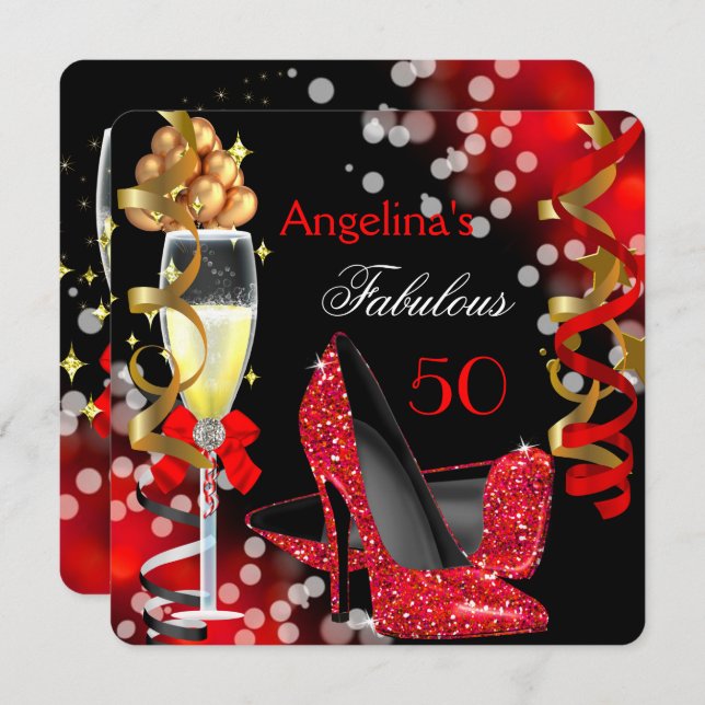 Fabulous 50 Red Heels Gold Bubbles Birthday Party Invitation (Front/Back)