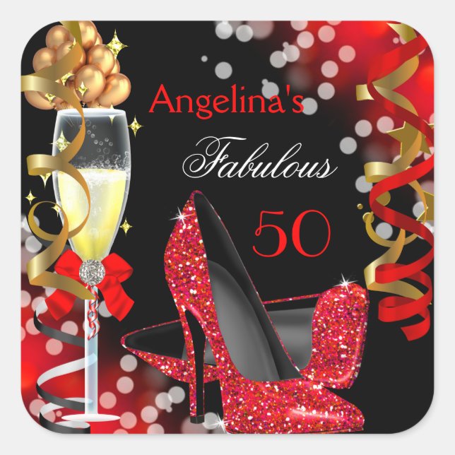 Fabulous 50 Red Heels Gold Bubbles Birthday Party Square Sticker (Front)