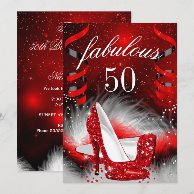 Fabulous 50 Red High Heel Birthday Party Invitation (Front/Back)
