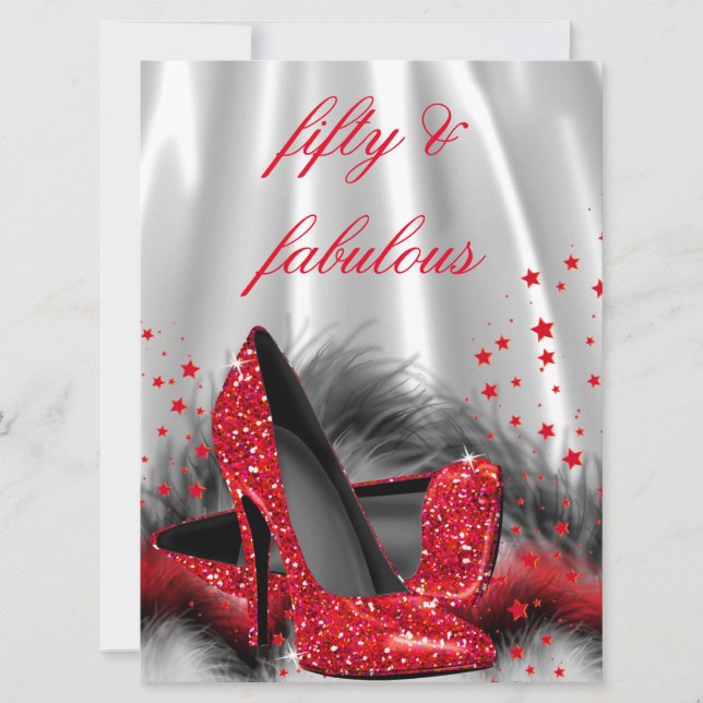 Fabulous 50 Red High Heels Black Silver Birthday Invitation (Front)
