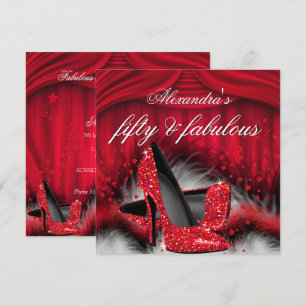 Fabulous 50 Red High Heels Feathers Birthday Invitation