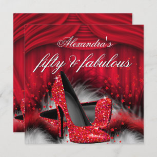 Fabulous 50 Red High Heels Feathers Birthday Invitation
