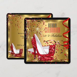 Fabulous 50 Red High Heels Gold Birthday Party Invitation
