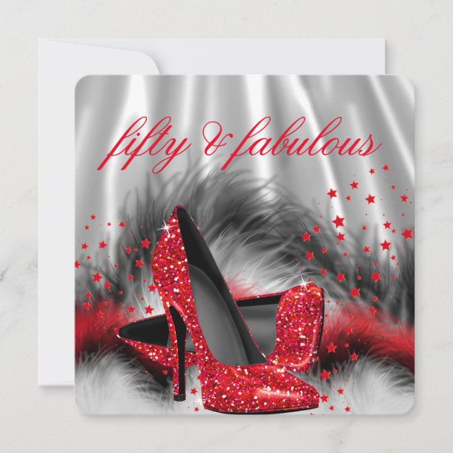 Fabulous 50 Red High Heels Silver Black Silk Party Invitation (Front)