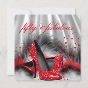 Fabulous 50 Red High Heels Silver Black Silk Party Invitation