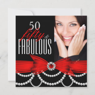 Fabulous 50 Red Pearls Photo Birthday Party Invitation