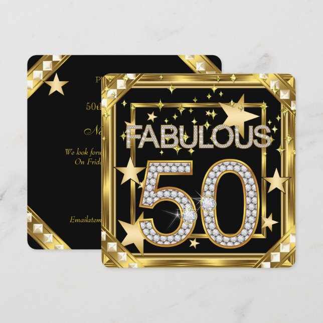 Fabulous 50 Retro Glamour Hollywood Gold Frame 2 Invitation (Front/Back)