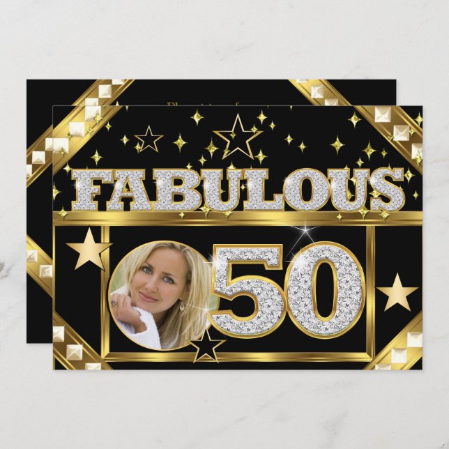 Fabulous 50 Retro Glamour Hollywood Gold Photo 4 Invitation (Front/Back)