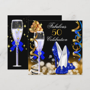 Fabulous 50 Royal Blue Black Gold Birthday Party Invitation