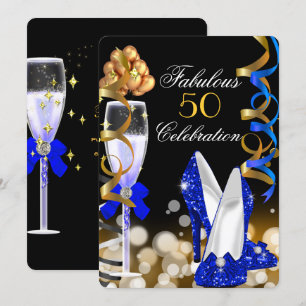 Fabulous 50 Royal Blue Black Gold Birthday Party Invitation