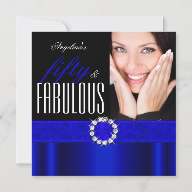 Fabulous 50 Royal Blue Black Photo Birthday Party Invitation (Front)
