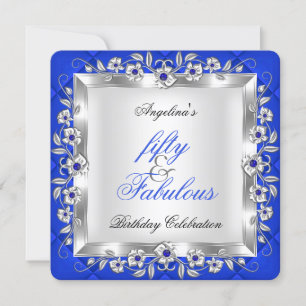Fabulous 50 Royal Blue Floral Birthday Party Invitation