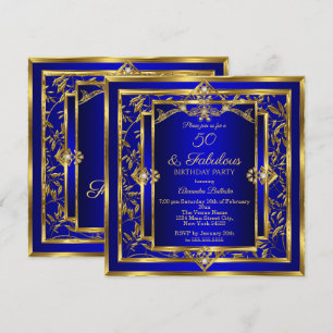Fabulous 50 Royal Blue Gold Damask Birthday Party Invitation