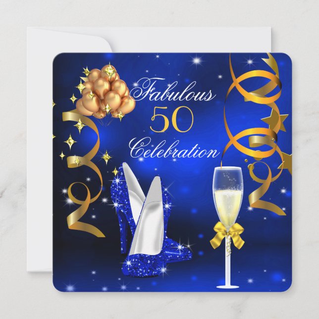 Fabulous 50 Royal Blue Gold Heels Champagne Party Invitation (Front)