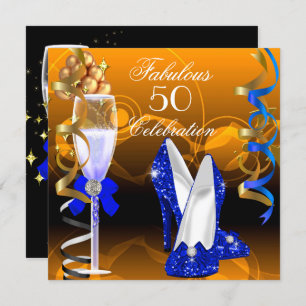 Fabulous 50 Royal Blue Gold Orange Birthday Party Invitation