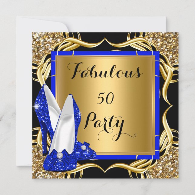 Fabulous 50 Royal Blue Heels Black Glitter Gold Invitation (Front)