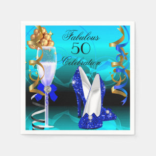Fabulous 50 Royal Blue Teal Gold Birthday Party Napkin