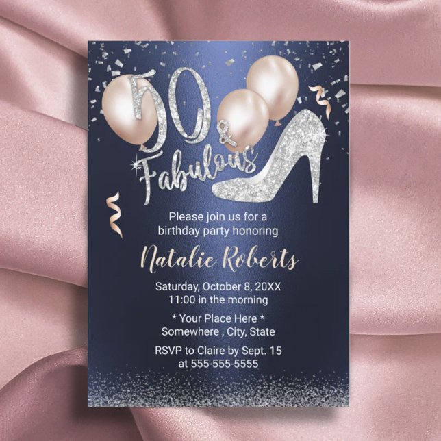 Fabulous 50 Silver High Heel Navy 50th Birthday Invitation (Creator Uploaded)