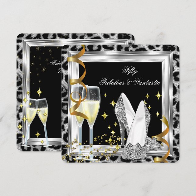 Fabulous 50 Silver Leopard Birthday Party Invitation (Front/Back)