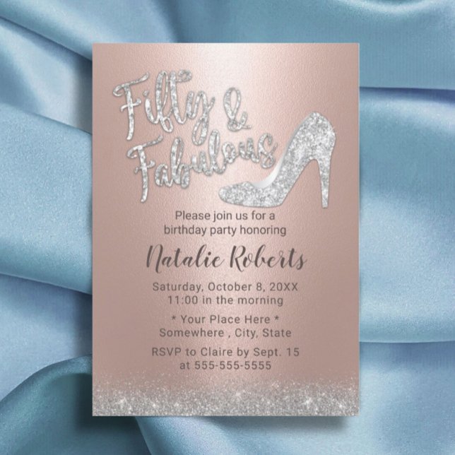 Fabulous 50 Silver & Rose Gold Glitter Birthday Invitation (Creator Uploaded)