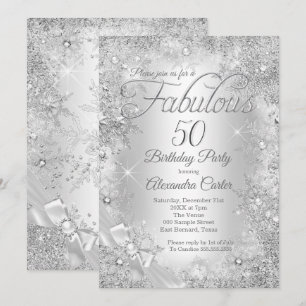Fabulous 50 Silver White Pearl Bow Snowflake Invitation