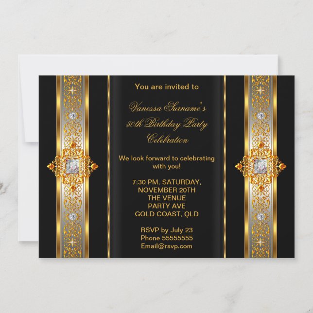 Fabulous 50 Super Elegant Birthday Gold Black Invitation (Front)