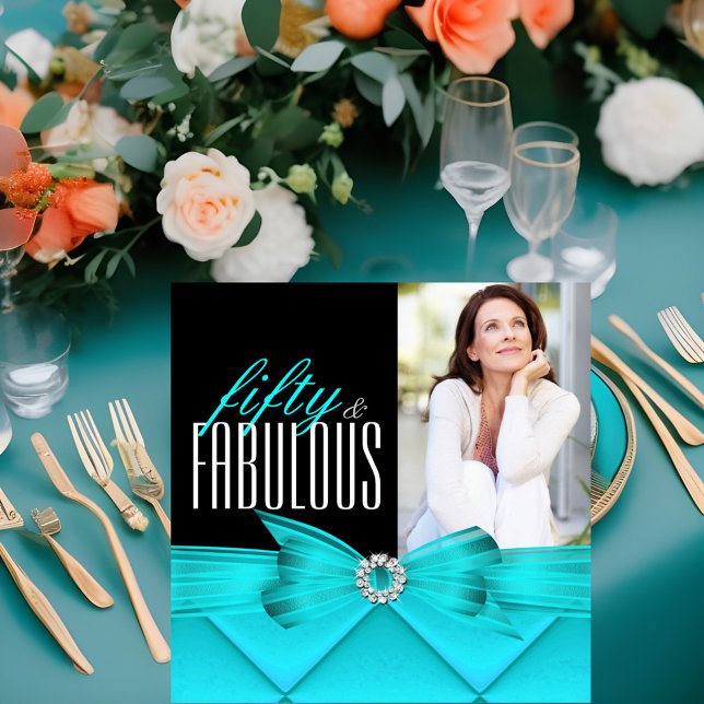 Fabulous 50 Teal Black Photo Elegant Birthday Invitation (Creator Uploaded)