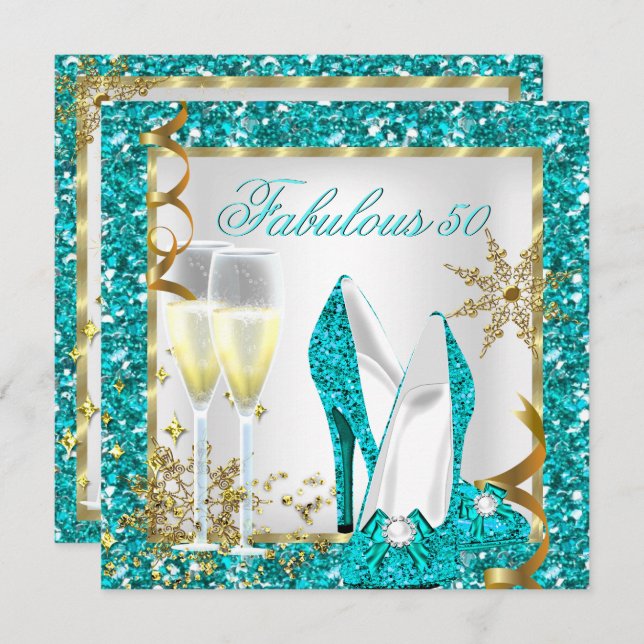 Fabulous 50 Teal Blue Glitter Gold Birthday Party Invitation (Front/Back)