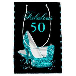 Fabulous 50 Teal Blue Glitter High Heels Medium Gift Bag