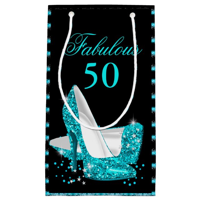 Fabulous 50 Teal Blue Glitter High Heels Small Gift Bag (Front)