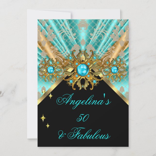 Fabulous 50 Teal Blue Gold Black Damask Birthday 2 Invitation (Front)