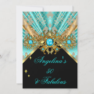 Fabulous 50 Teal Blue Gold Black Damask Birthday 2 Invitation