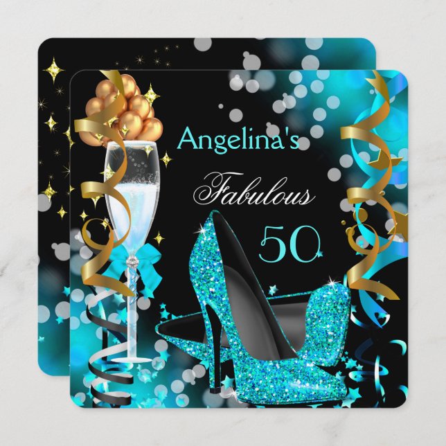 Fabulous 50 Teal Blue Heels Gold Bubbles Party Invitation (Front/Back)