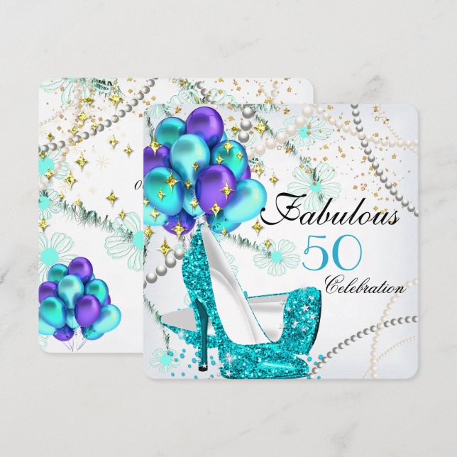 Fabulous 50 Teal Blue High Heels Floral Birthday Invitation (Front/Back)