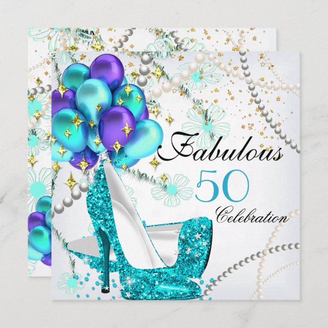 Fabulous 50 Teal Blue High Heels Floral Birthday Invitation (Front/Back)