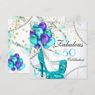 Fabulous 50 Teal Blue High Heels Floral Birthday Invitation