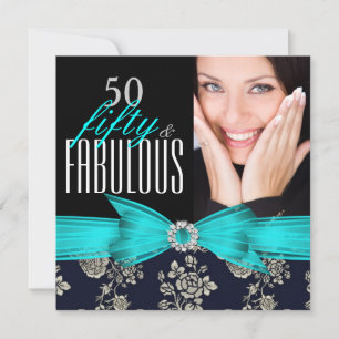 Fabulous 50 Teal Blue Navy Damask Birthday Party Invitation