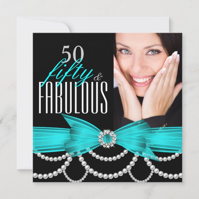 Fabulous 50 Teal Blue Pearls Photo Birthday Party Invitation (Front)