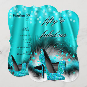 Fabulous 50 Teal Blue Stars High Heels Birthday Invitation